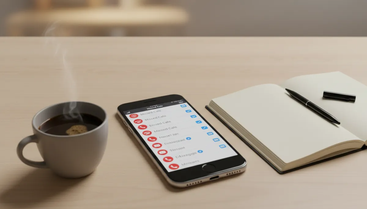 Phone showing missed calls and unread messages next to a notepad and coffee