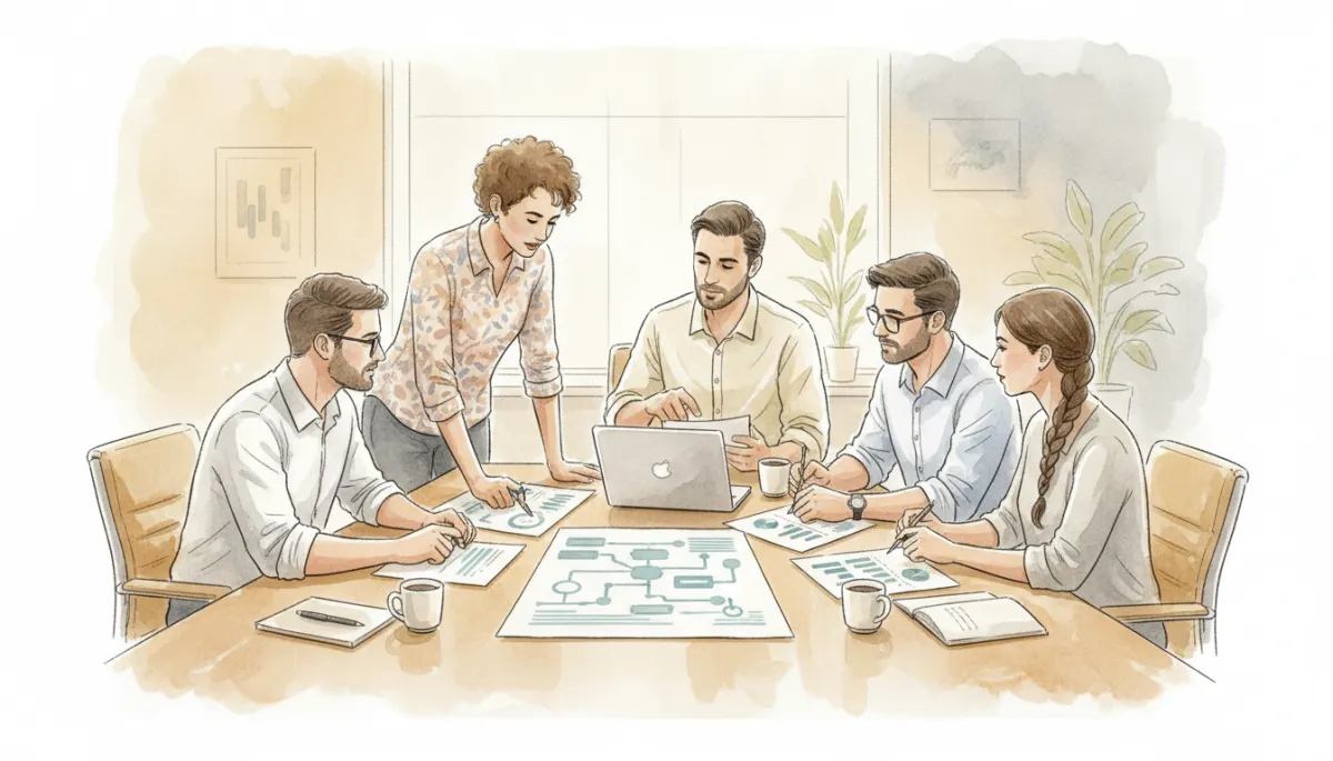 Local business team reviewing process maps and performance metrics in a meeting
