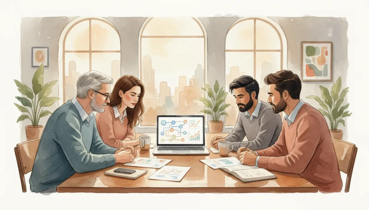 Local business team reviewing automation workflows and performance metrics on a laptop