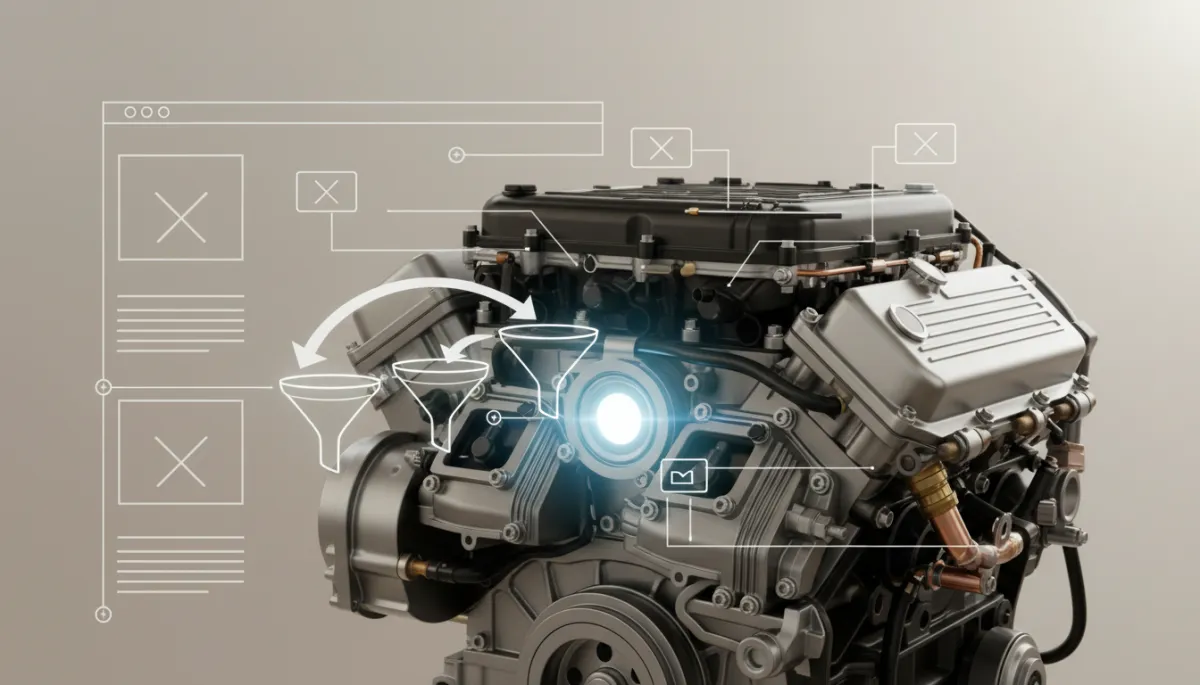 Professional close-up of a finely tuned engine aligned with a digital funnel diagram