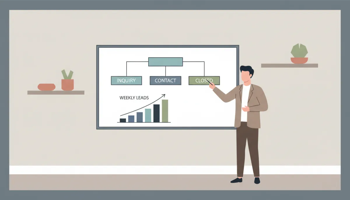 Whiteboard showing a simple lead pipeline and weekly lead numbers