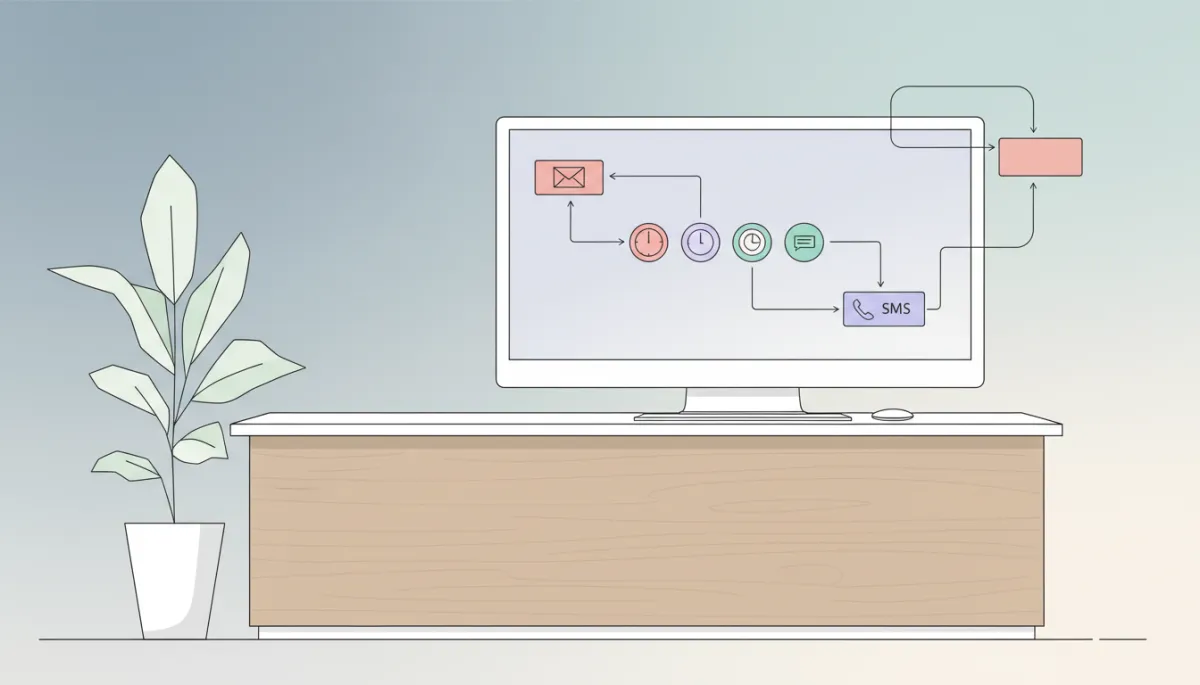 Computer at local business front desk displaying automated follow-up workflow Computer at local business front desk displaying automated follow-up workflow