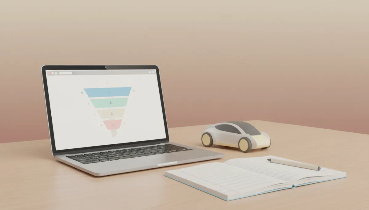 Website analytics dashboard displayed next to a small car model representing the growth vehicle