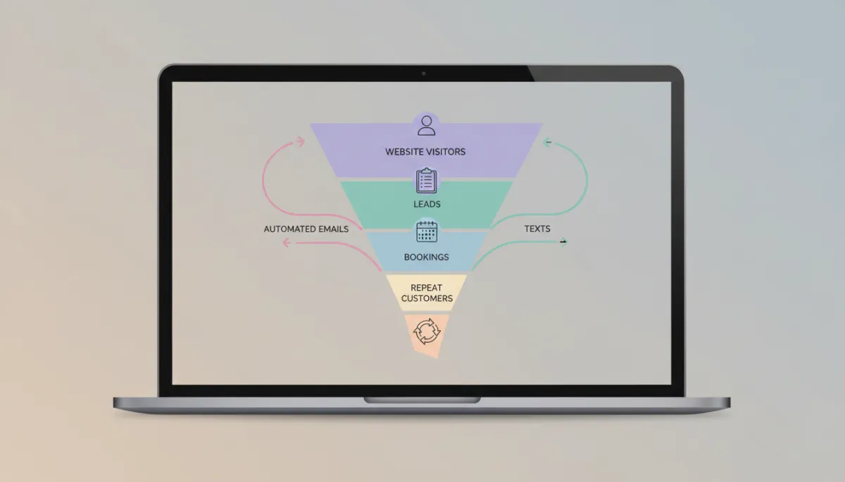 Diagram showing how a smart website automation stack turns visitors into customers