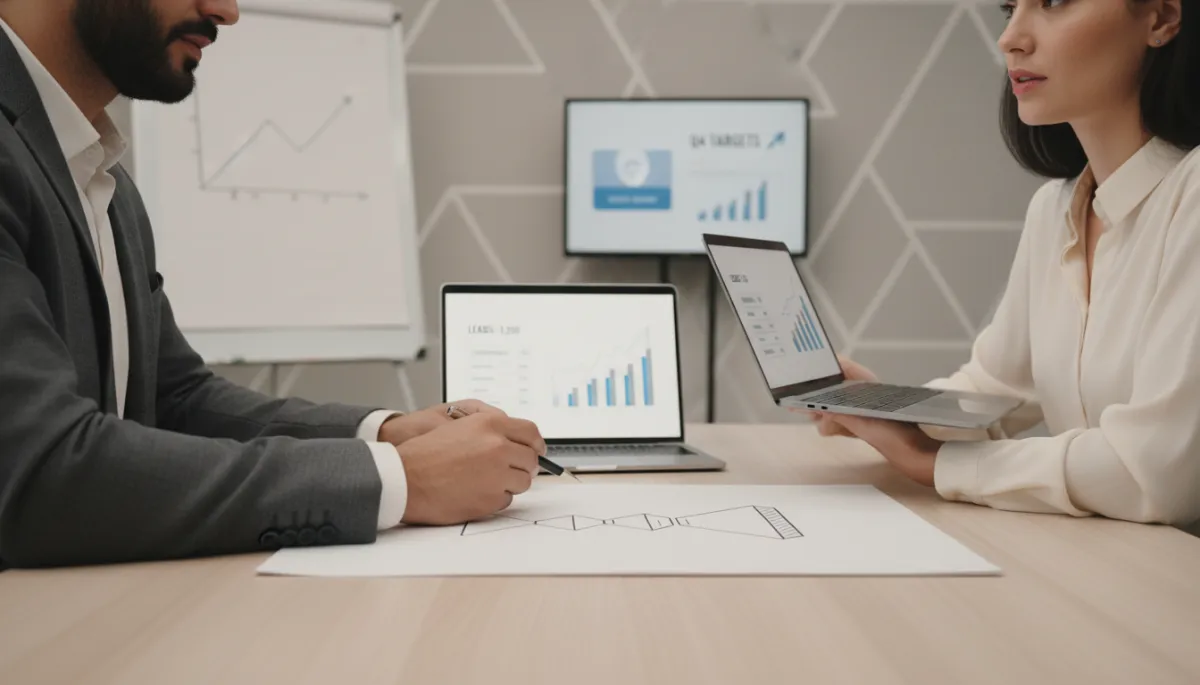 Consultant and business owner reviewing a simple lead funnel diagram