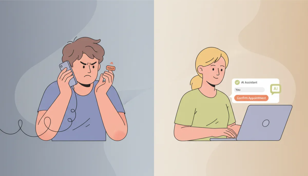 Comparison between slow phone-based booking and instant AI-powered online booking