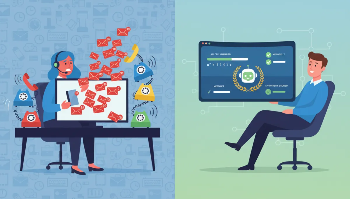 Comparison of overwhelmed manual receptionist and calm business owner using AI receptionist