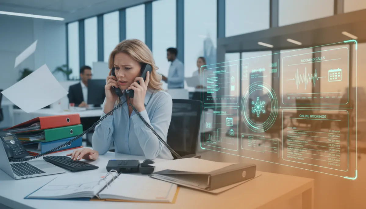 Comparison of an overloaded human receptionist versus a calm AI call dashboard