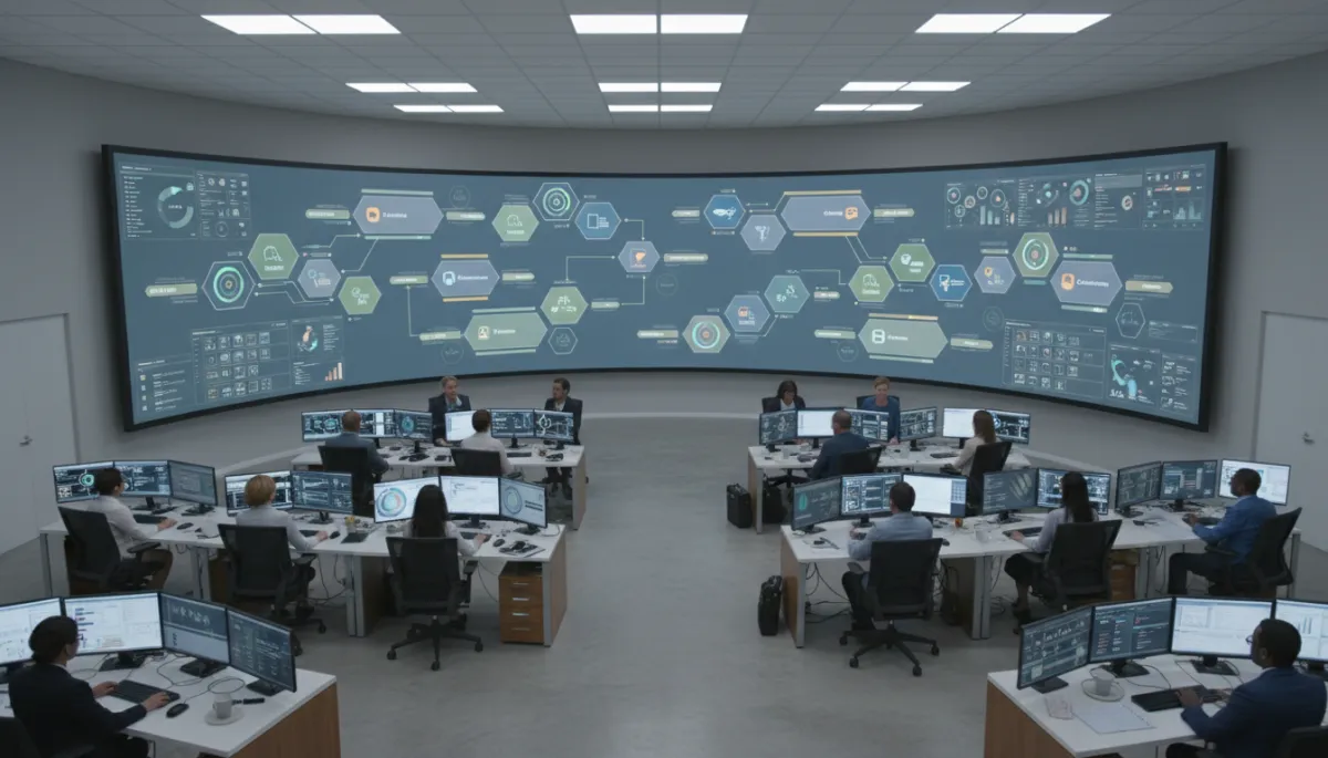Photorealistic operations center displaying AI-optimized workflows and real-time business metrics Photorealistic operations center displaying AI-optimized workflows and real-time business metrics