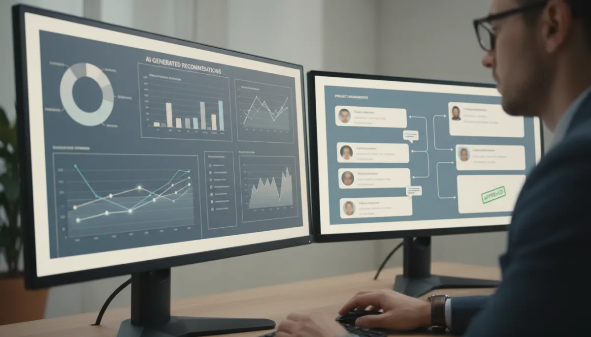 Photorealistic view of a professional refining AI-generated recommendations within a workflow tool Photorealistic view of a professional refining AI-generated recommendations within a workflow tool