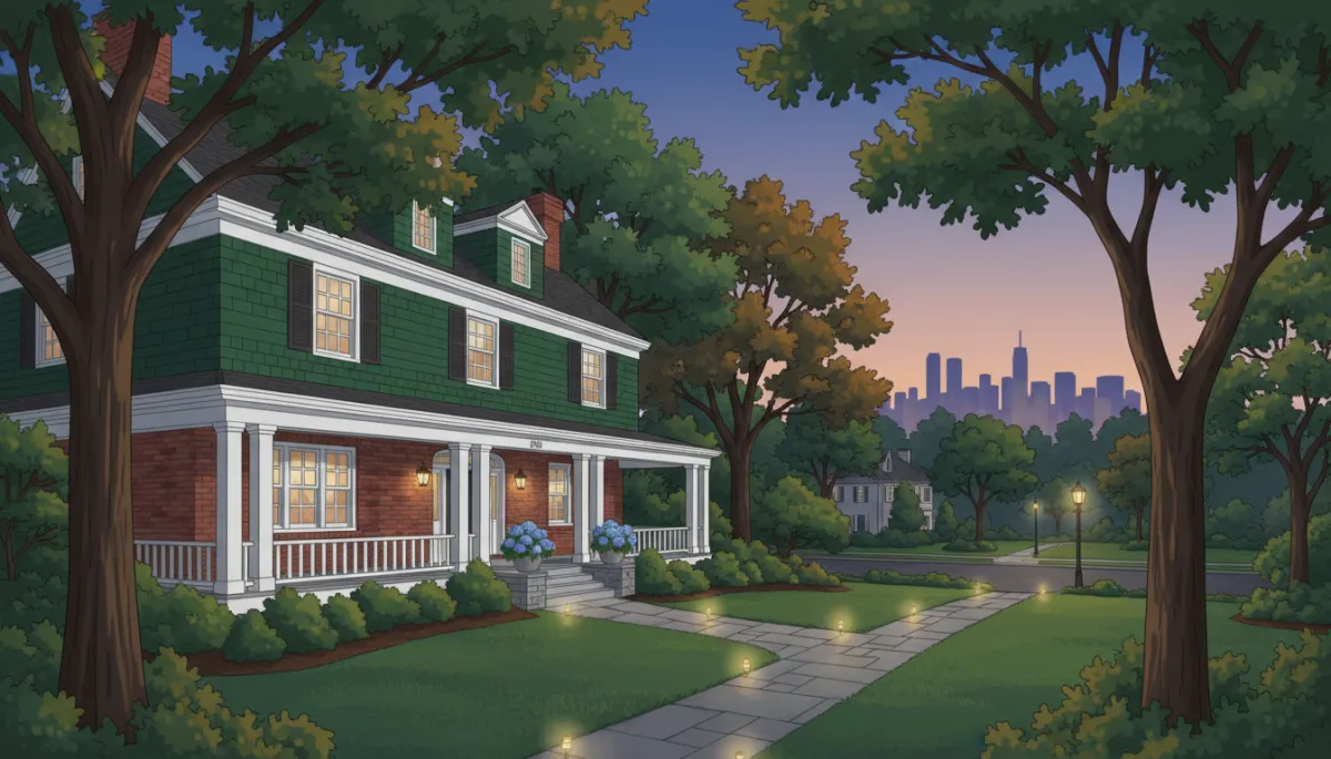 Exterior of a stately, architecturally detailed home in suburban Montclair or Glen Ridge, NJ: classic brick or shingle facade, lush landscaping, mature trees, wide front porch, stone walkways, and subtle evening lighting. The atmosphere is affluent suburban with a calm, leafy street—hint of NYC skyline on the horizon, if possible.