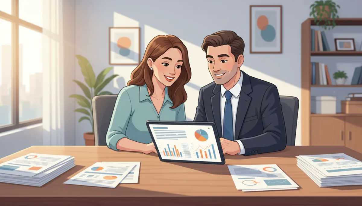 A clean, well-lit office environment with a homeowner and a real estate agent sitting side by side, reviewing multiple printed home offers and market data on a digital tablet. The focus is on clarity and professionalism, with charts and documents visible. The mood is positive, focused, and empowering, reflecting a collaborative decision-making process.