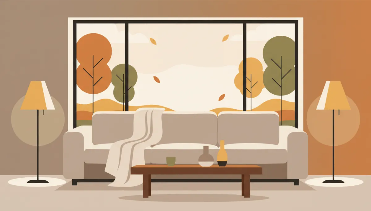 Neutral living room staged for fall with soft textures and warm lighting