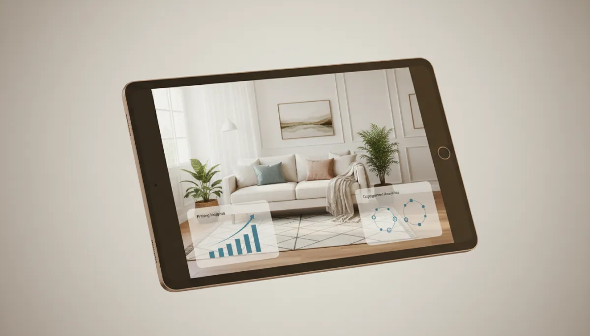 Tablet showing an AI-optimized real estate listing with staging and analytics