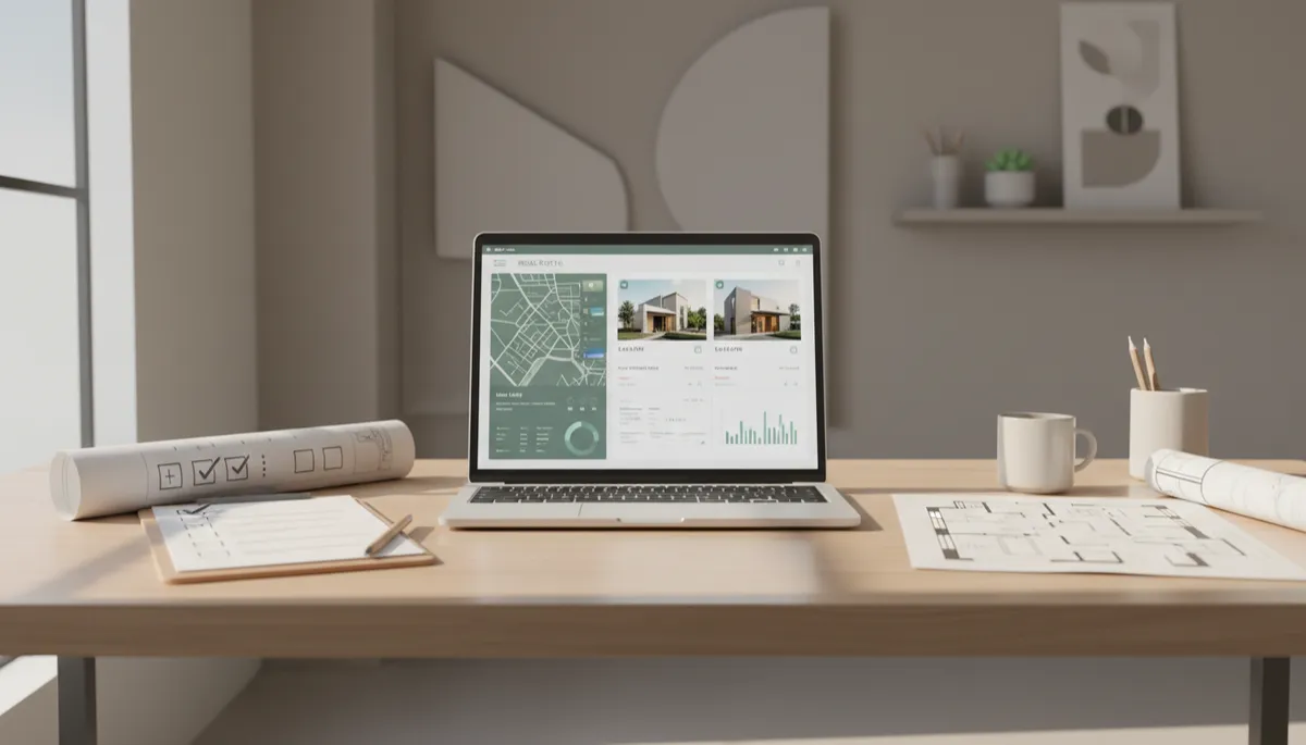 professional neutral-toned workspace with a laptop displaying a real estate listing dashboard, checklists and floor plans on the desk, soft daylight, tidy modern office style