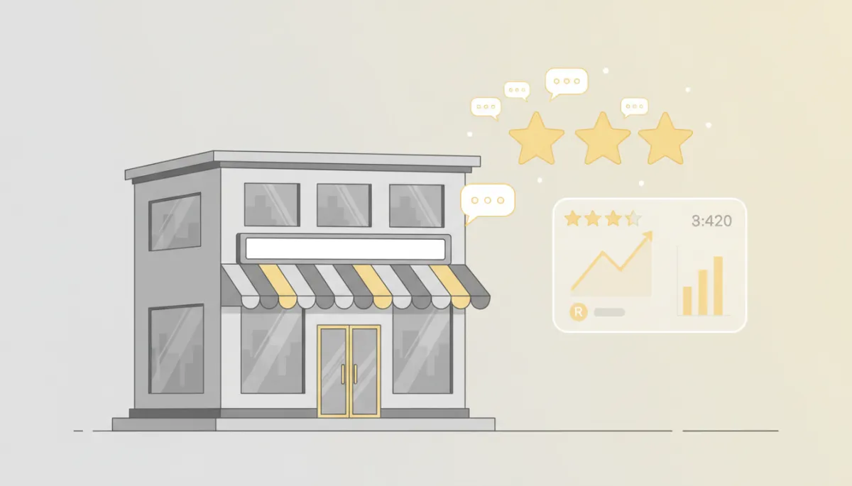 Illustration of a local storefront surrounded by online customer reviews and ratings Illustration of a local storefront surrounded by online customer reviews and ratings