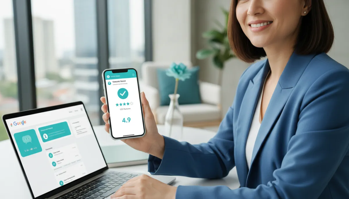 photorealistic close-up of a service business owner holding a smartphone that displays a verified Google Business Profile with aqua checkmark and star ratings, open laptop in background showing review responses in aqua-themed dashboard, modern office with subtle fresh aqua accents