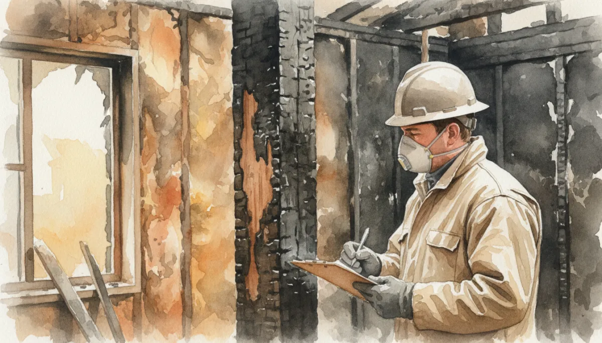 professional photorealistic close-up of a restoration specialist in neutral-colored safety gear inspecting charred beams and taking notes on a clipboard inside a partially burned Vernal Utah home professional photorealistic close-up of a restoration specialist in neutral-colored safety gear inspecting charred beams and taking notes on a clipboard inside a partially burned Vernal Utah home