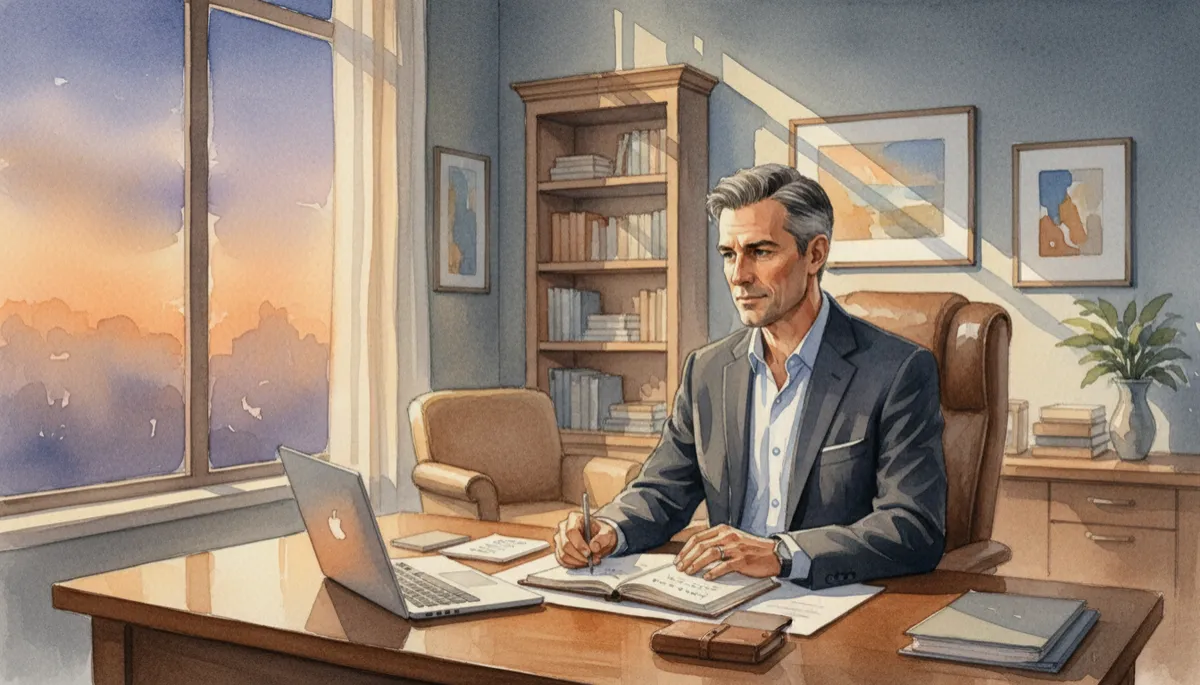 Leader reflecting calmly at a desk after facing a difficult setback