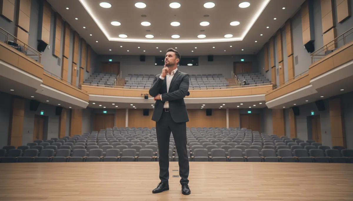 professional neutral-toned photograph of a thoughtful leader standing alone in a large empty auditorium, soft overhead lighting, subtle shadows, confident yet reflective posture, modern professional style professional neutral-toned photograph of a thoughtful leader standing alone in a large empty auditorium, soft overhead lighting, subtle shadows, confident yet reflective posture, modern professional style