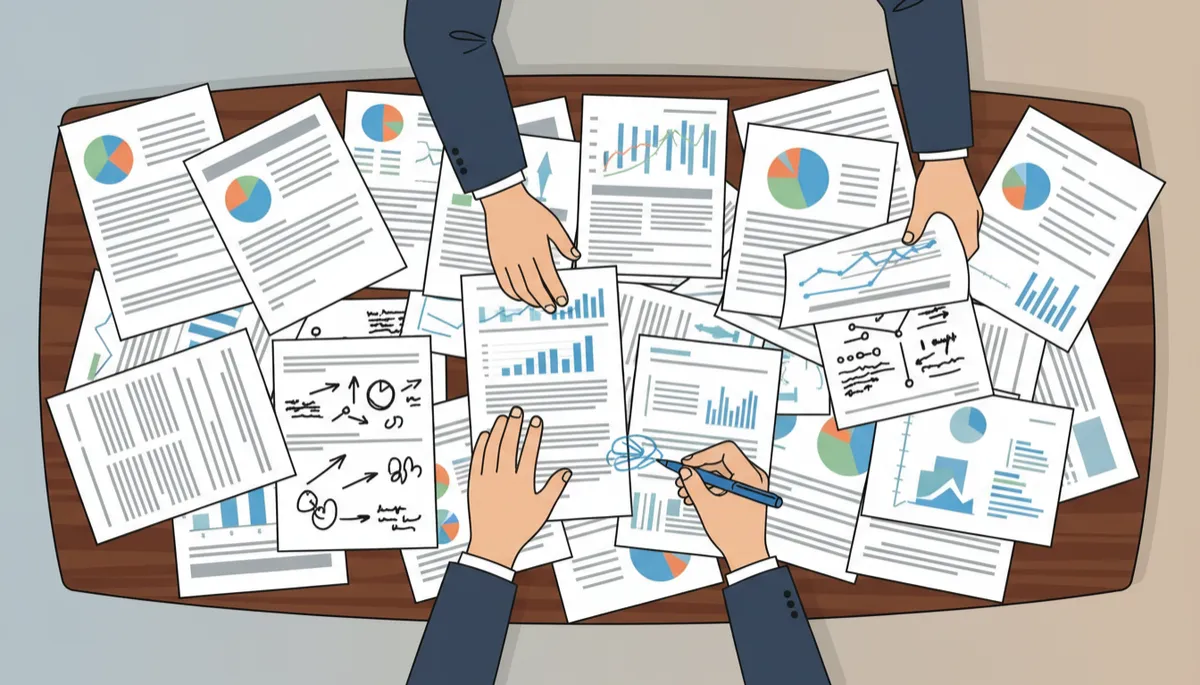 overhead view of a conference table with printed reports, financial charts, and handwritten notes spread out, a leader’s hands marking insights with a blue pen