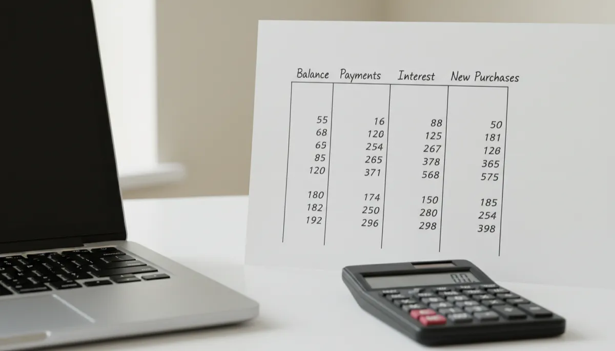 Simple four-column table for tracking credit card balance, payments, interest, and new purchases Simple four-column table for tracking credit card balance, payments, interest, and new purchases