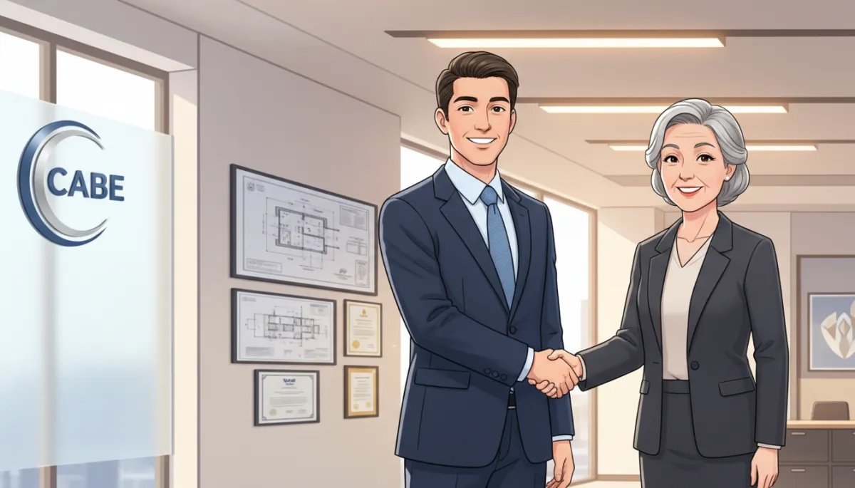 A photorealistic, high-quality image depicting a confident, professional male engineer in business attire shaking hands with a senior representative in a modern, well-lit office setting. Both individuals are smiling, conveying a sense of achievement and mutual respect. In the background, display subtle branding elements such as the CABE logo on a glass wall or signage, along with technical drawings and certificates on the wall to emphasize professionalism and association with engineering excellence. The overall atmosphere should be formal, trustworthy, and celebratory, reflecting the milestone of joining a respected engineering association. A photorealistic, high-quality image depicting a confident, professional male engineer in business attire shaking hands with a senior representative in a modern, well-lit office setting. Both individuals are smiling, conveying a sense of achievement and mutual respect. In the background, display subtle branding elements such as the CABE logo on a glass wall or signage, along with technical drawings and certificates on the wall to emphasize professionalism and association with engineering excellence. The overall atmosphere should be formal, trustworthy, and celebratory, reflecting the milestone of joining a respected engineering association.