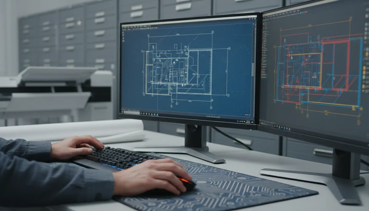 Photorealistic workstation converting scanned blueprints into AutoCAD drawings