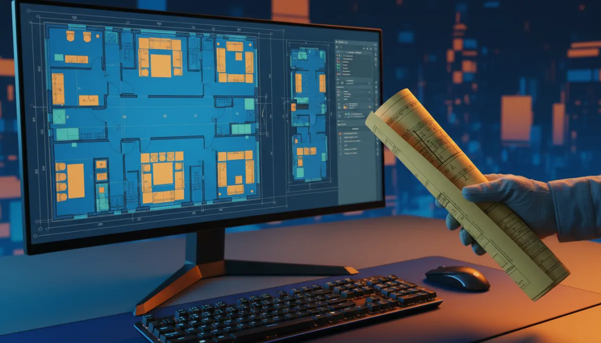 Monitor displaying a REVIT floor plan created from scanned blueprints