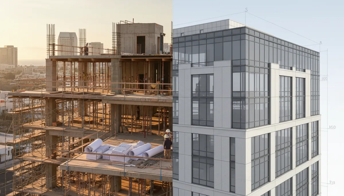 A clean, photorealistic image featuring a modern commercial building in San Diego, shown in two halves: the left half displays the building under construction with scaffolding, exposed beams, and paper blueprints, while the right half transitions seamlessly into a completed digital 3D model rendered in REVIT, with crisp lines and realistic textures. The transition between the two sides is smooth and visually clear, illustrating the evolution from traditional construction methods to advanced BIM technology. The background is minimal and professional, keeping the focus on the building and the transformation, with subtle hints of San Diego’s skyline in the distance. The overall style is sleek, simple, and professional, suitable for a technology-focused business blog.