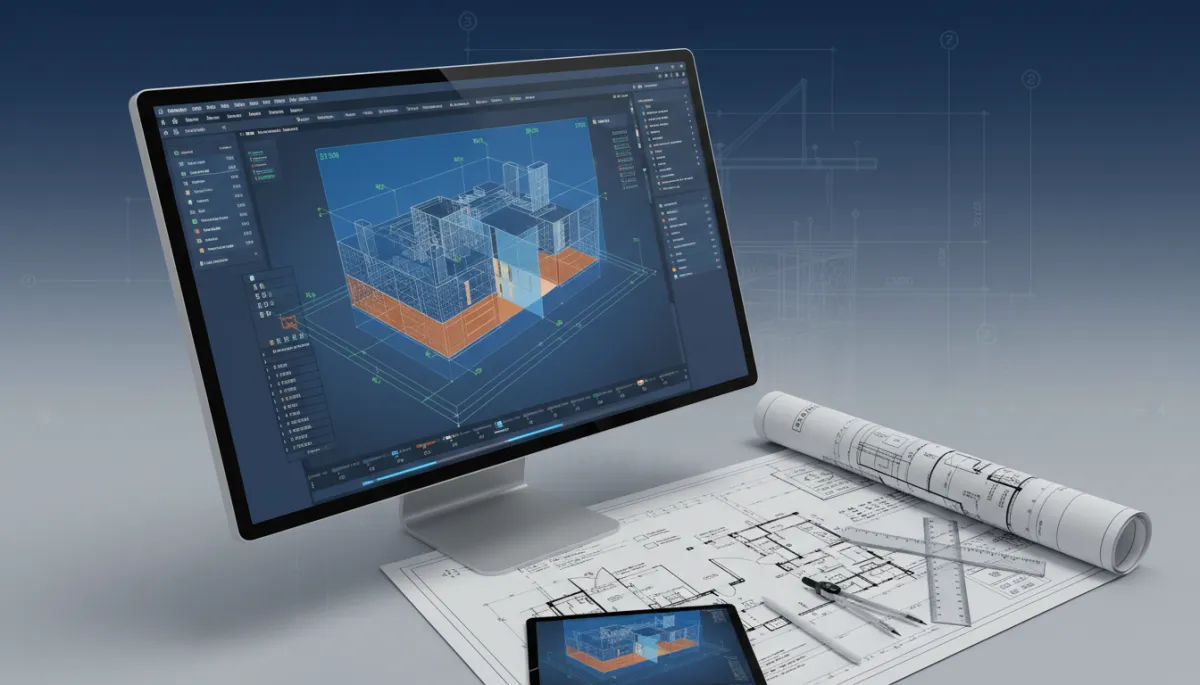Technician scanning architectural drawings next to a BIM model on screen