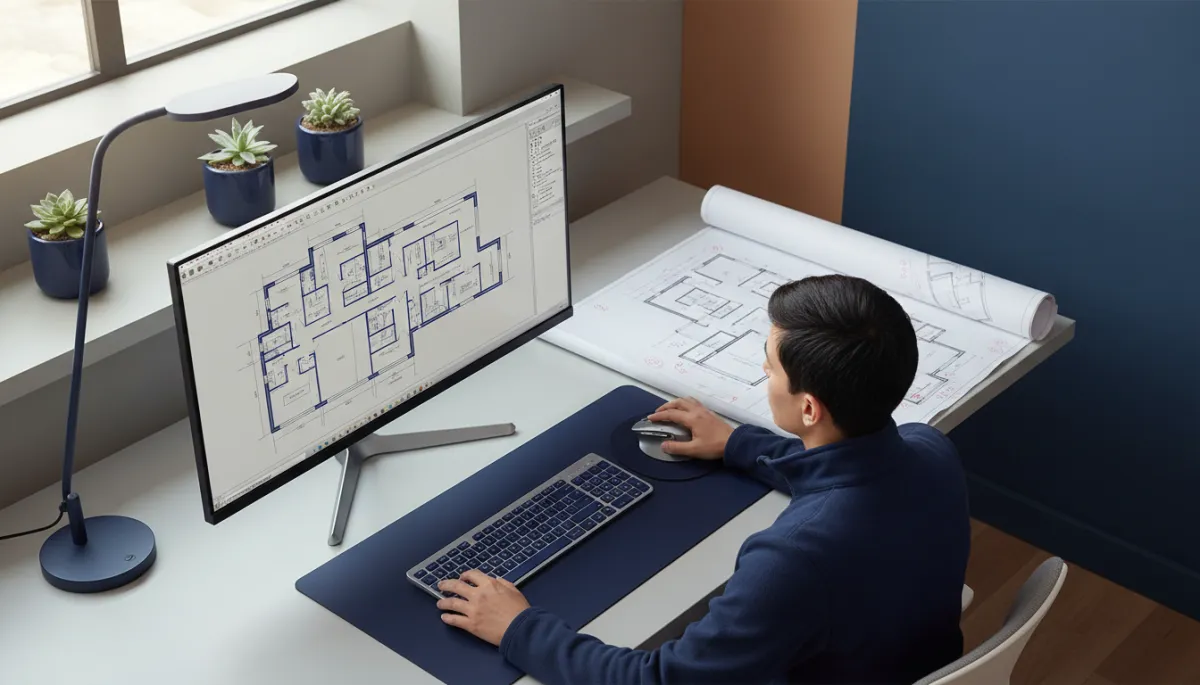 A clean, photorealistic overhead view of a CAD technician at a tidy workstation in a navy and gray color scheme, with a large monitor displaying a detailed architectural AutoCAD floor plan next to a scanned paper blueprint, soft natural light from a nearby window. No logos, text, or branding of any kind on the image. The image should look unbranded and clean.