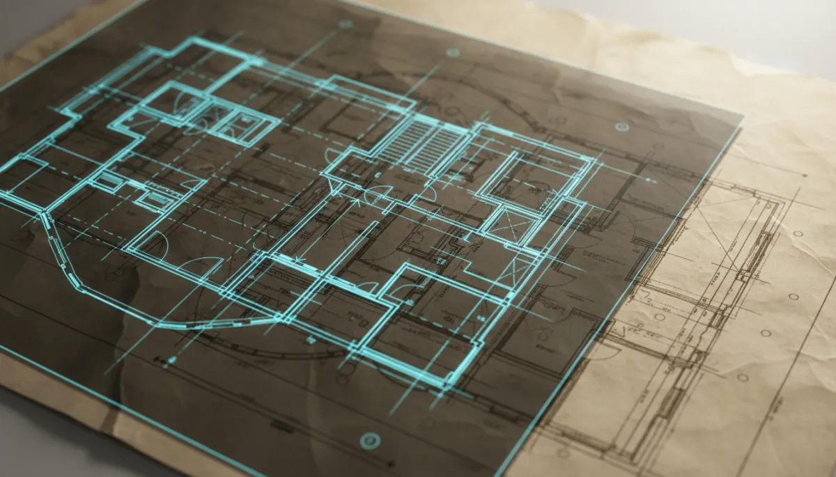 A photorealistic close-up of a modern AutoCAD drawing aligned with an old blueprint, with no logos, branding, or text visible in the image. Keep the visual clean and unbranded.