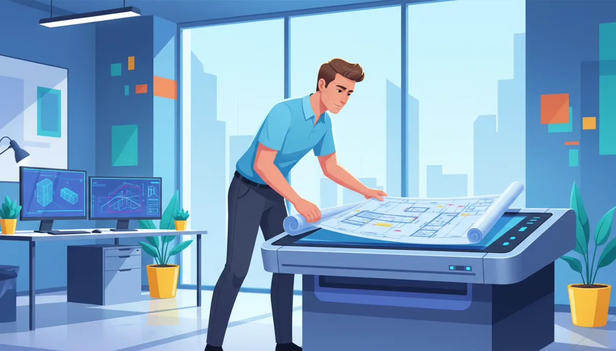 A technician scanning large-format architectural drawings in a bright, modern office with a color palette of blues and bright accent colors, cool natural light, and a high-tech, energetic feel.