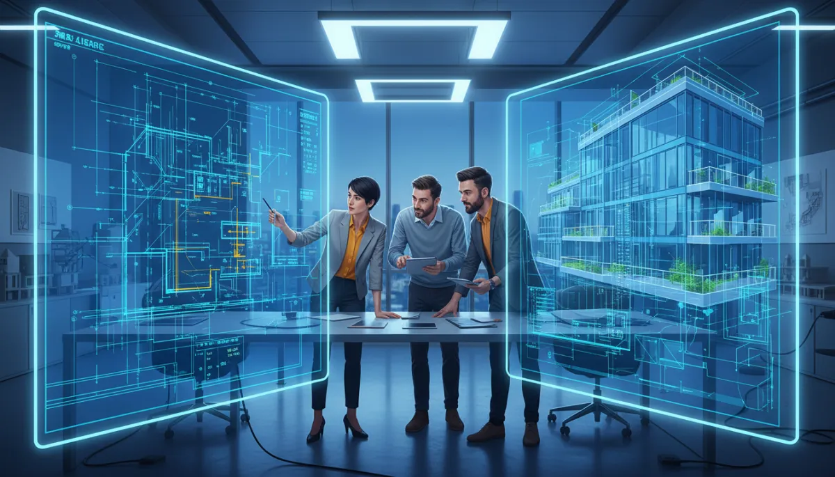 A photorealistic office scene showing an architectural project team reviewing large monitors with a TIFF floor plan on one screen and a detailed Revit 3D model on the other, featuring a color palette dominated by vibrant blues and bright accents, with cool lighting and a modern, energetic atmosphere.