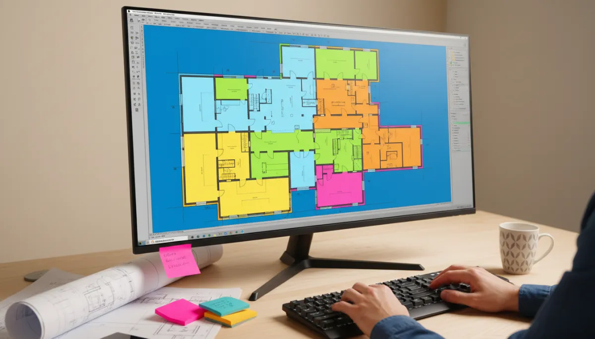Monitor showing colorful AutoCAD building layout with paper blueprints on the desk