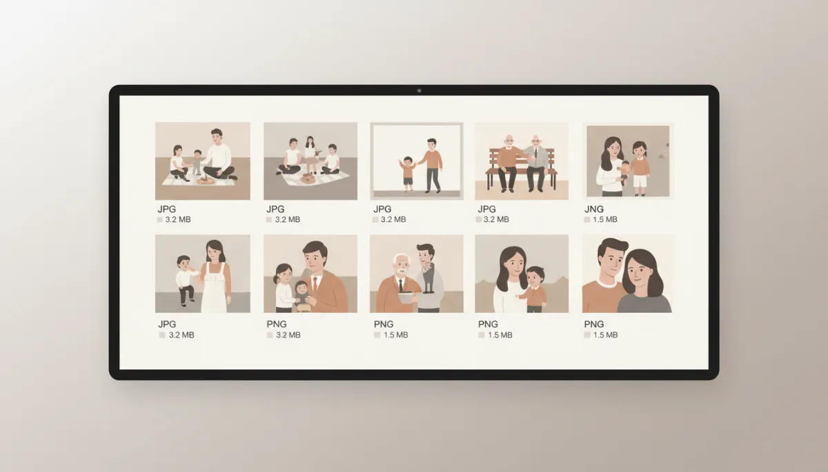 Grid of scanned family photos shown as JPG and PNG with file sizes compared Grid of scanned family photos shown as JPG and PNG with file sizes compared