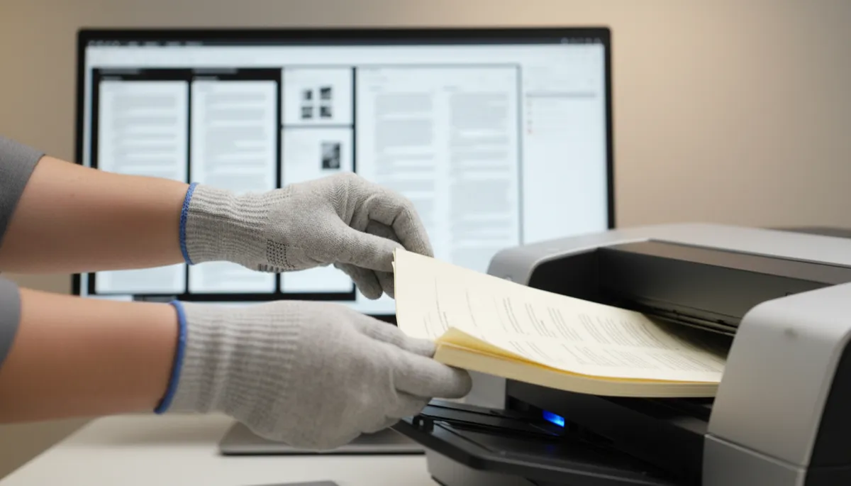 Technician preparing paper documents in a professional scanner for accurate OCR Technician preparing paper documents in a professional scanner for accurate OCR