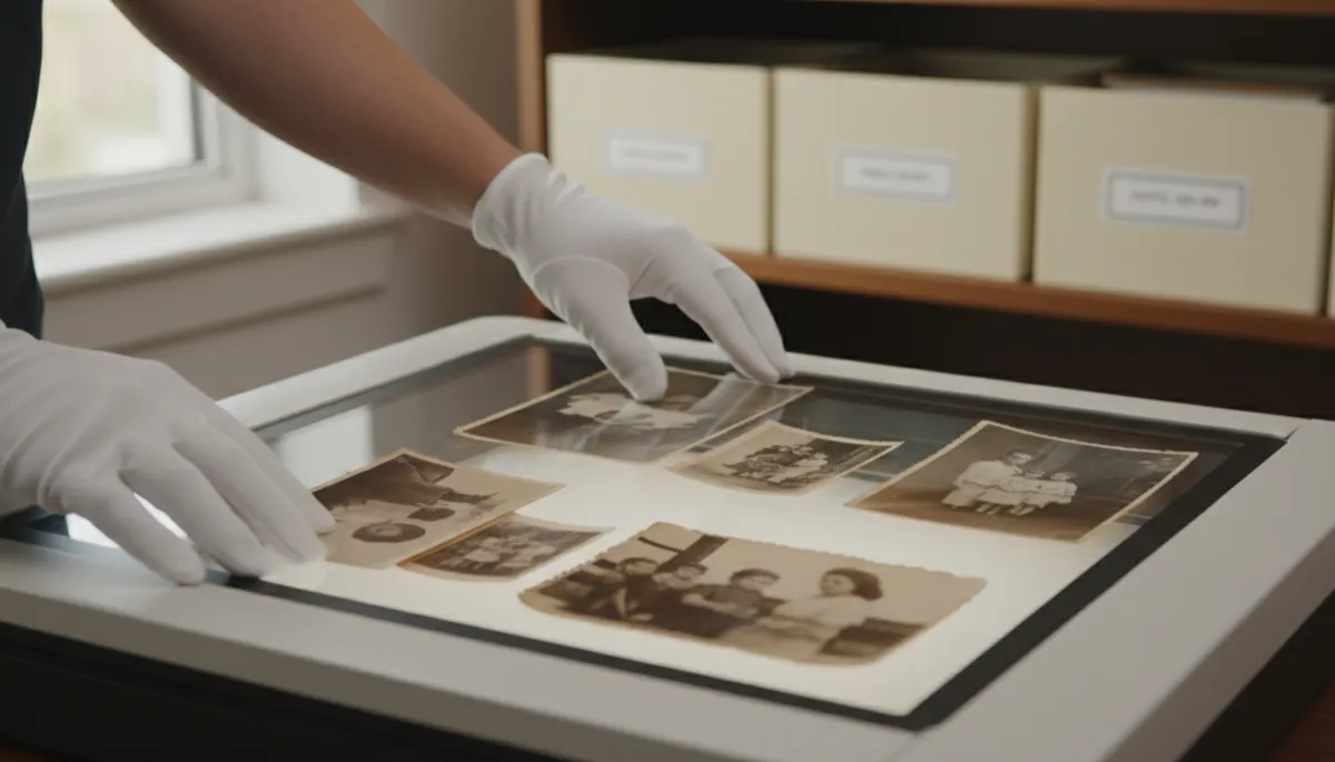 Gloved technician aligning old family photos on a professional scanner glass Gloved technician aligning old family photos on a professional scanner glass
