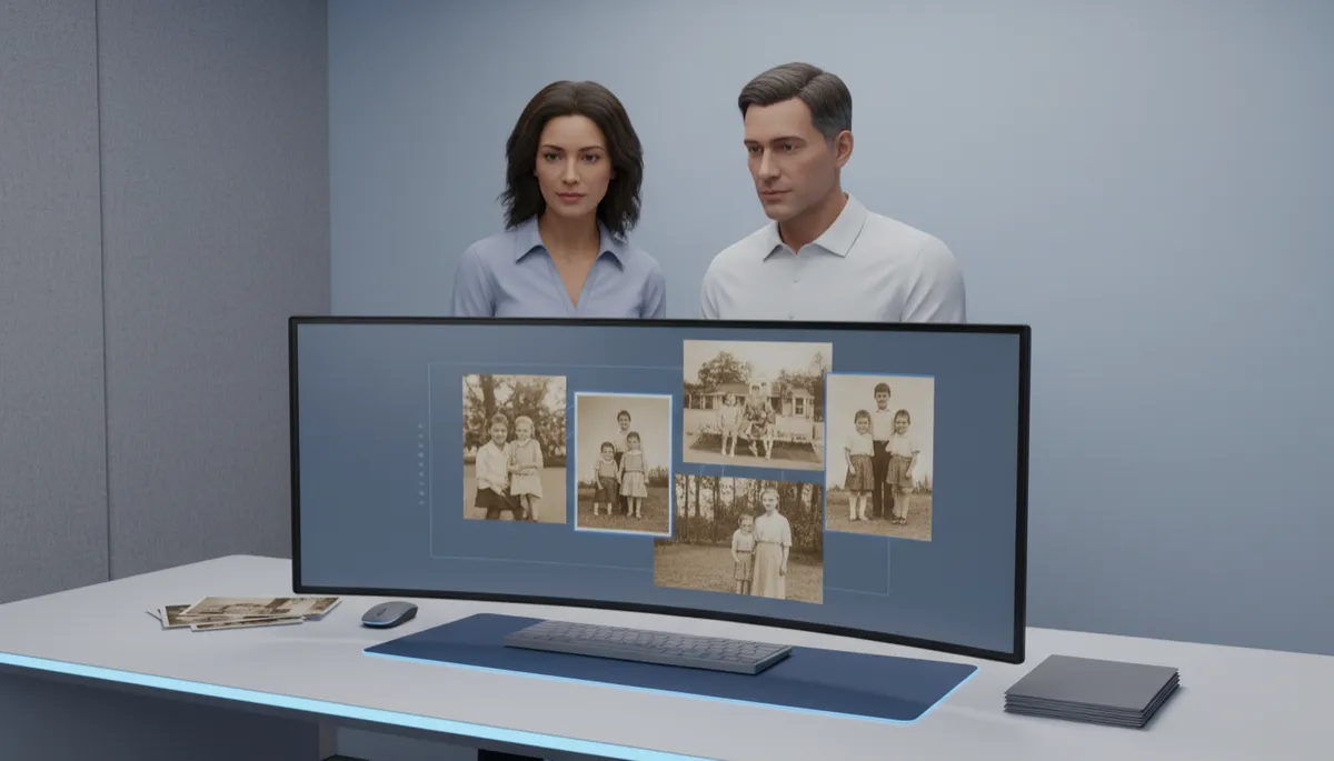 Client reviewing high-quality scanned photos with a professional technician Client reviewing high-quality scanned photos with a professional technician
