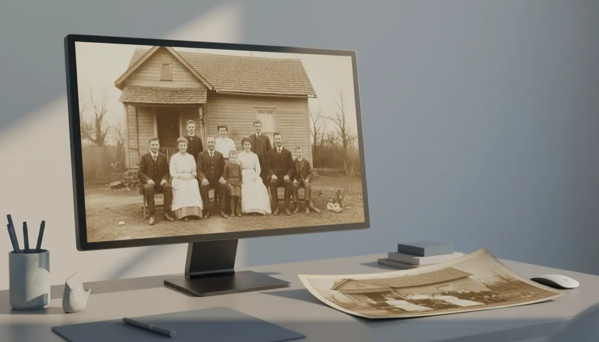 Comparison of an original old photograph and its high-resolution digital scan on a monitor Comparison of an original old photograph and its high-resolution digital scan on a monitor