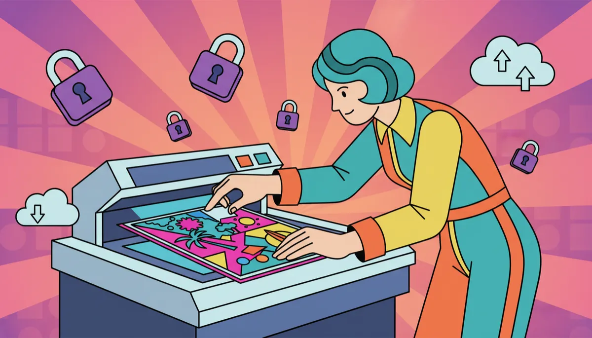 Illustrated technician scanning a scrapbook page in a secure studio Illustrated technician scanning a scrapbook page in a secure studio