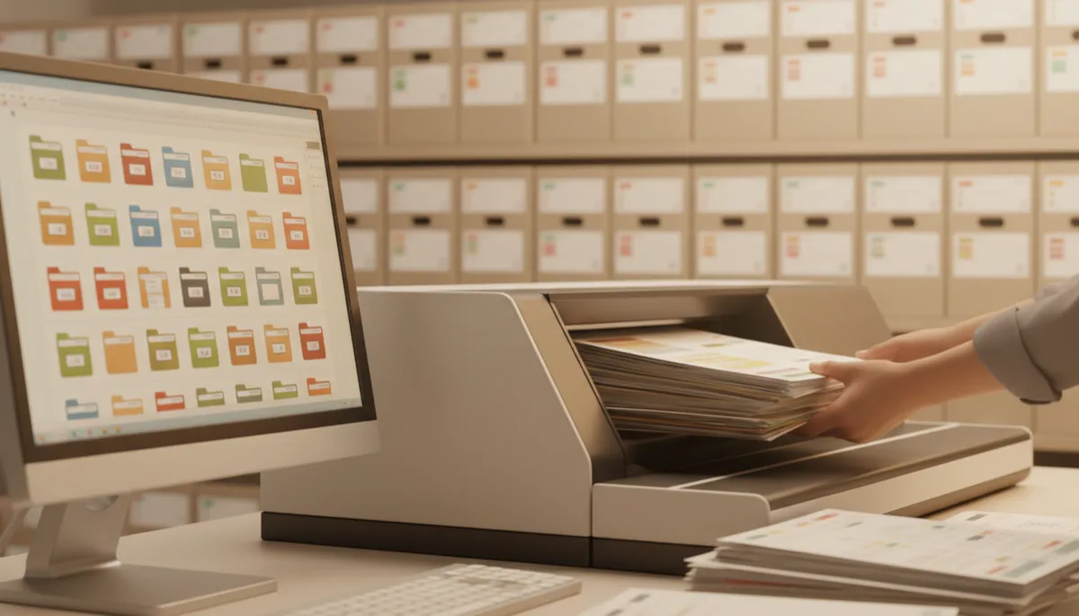 Document scanning workstation converting paper files into organized digital folders in a modern office Document scanning workstation converting paper files into organized digital folders in a modern office