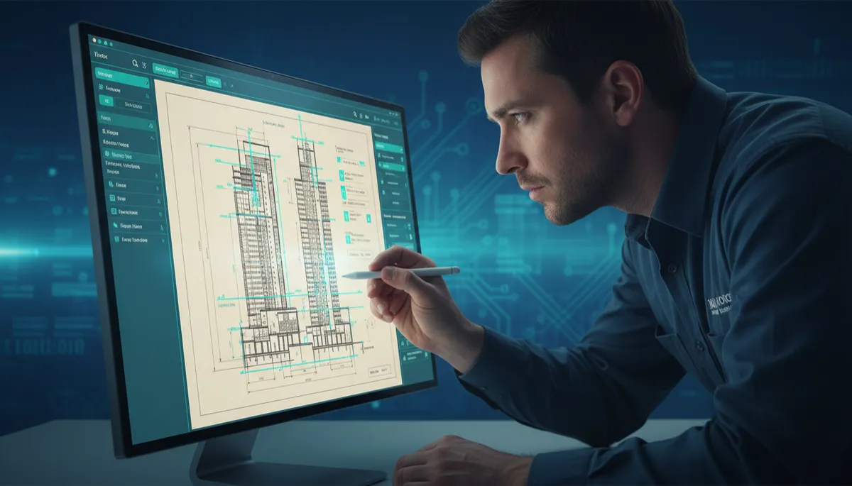 Technician reviewing a high-resolution digital blueprint on a computer monitor Technician reviewing a high-resolution digital blueprint on a computer monitor