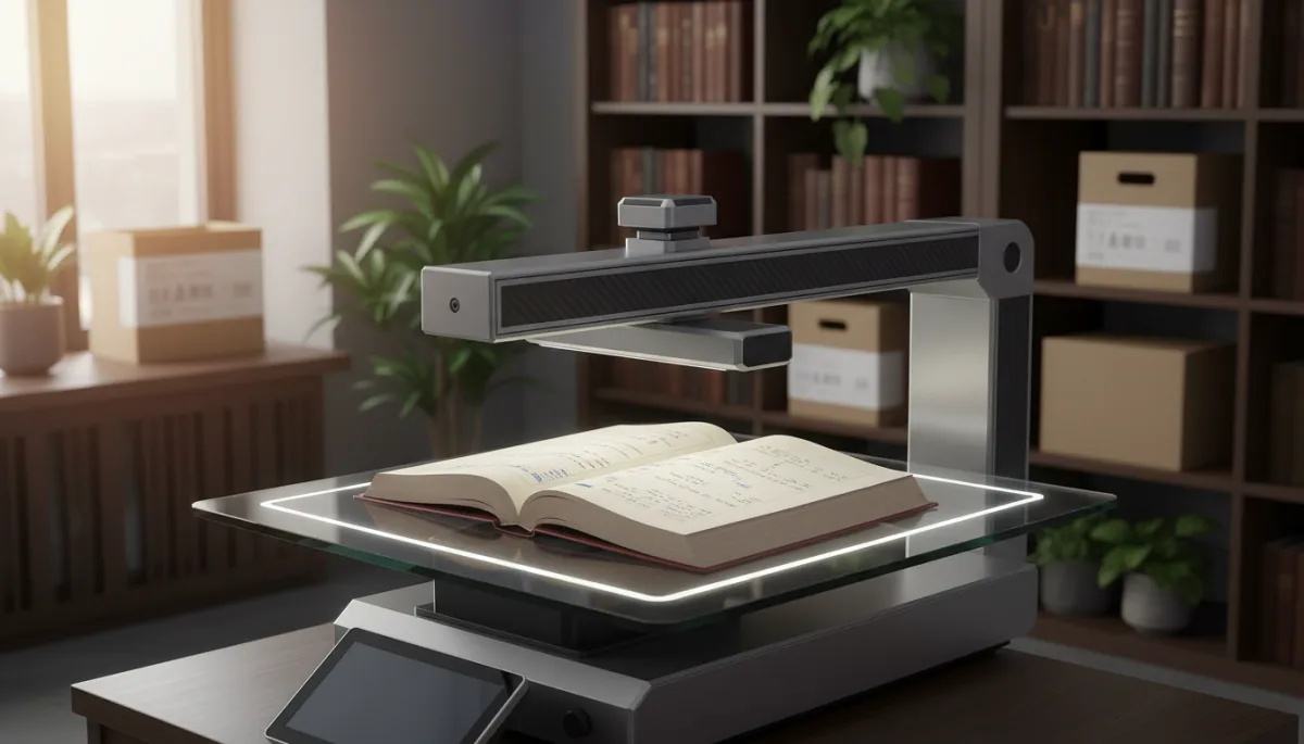 A photorealistic, high-resolution image of an overhead book scanner in a well-lit, modern office or archival setting. The scanner's open scanning arm hovers above an open book placed flat on the scanning platform. The book is a hardbound lab notebook, its pages gently spread without damage, emphasizing the non-destructive process. No hands are visible, ensuring focus on the equipment and preservation method. The scene is clean and professional, with subtle background elements like shelves of books and archival boxes, reinforcing the theme of record preservation and protection. The overall tone is crisp, professional, and inviting, suitable for a technology-focused blog. A photorealistic, high-resolution image of an overhead book scanner in a well-lit, modern office or archival setting. The scanner's open scanning arm hovers above an open book placed flat on the scanning platform. The book is a hardbound lab notebook, its pages gently spread without damage, emphasizing the non-destructive process. No hands are visible, ensuring focus on the equipment and preservation method. The scene is clean and professional, with subtle background elements like shelves of books and archival boxes, reinforcing the theme of record preservation and protection. The overall tone is crisp, professional, and inviting, suitable for a technology-focused blog.