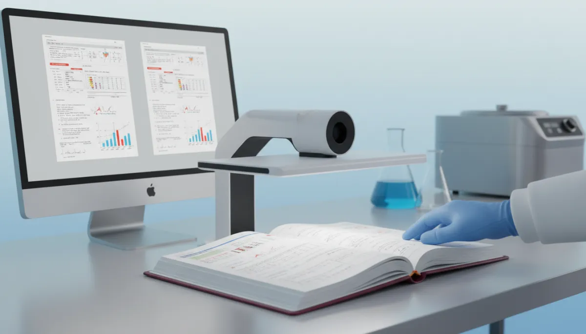 A photorealistic, high-quality image of a gloved technician carefully scanning an open lab notebook using a specialized overhead document scanner. The notebook remains pristine and untouched by the scanner’s mechanism, highlighting the non-destructive process. In the background, a computer monitor displays clear, digitized pages from the notebook. The workspace is clean and modern, with soft, even lighting and subtle laboratory elements such as glassware and scientific instruments, maintaining a professional and organized atmosphere. A photorealistic, high-quality image of a gloved technician carefully scanning an open lab notebook using a specialized overhead document scanner. The notebook remains pristine and untouched by the scanner’s mechanism, highlighting the non-destructive process. In the background, a computer monitor displays clear, digitized pages from the notebook. The workspace is clean and modern, with soft, even lighting and subtle laboratory elements such as glassware and scientific instruments, maintaining a professional and organized atmosphere.