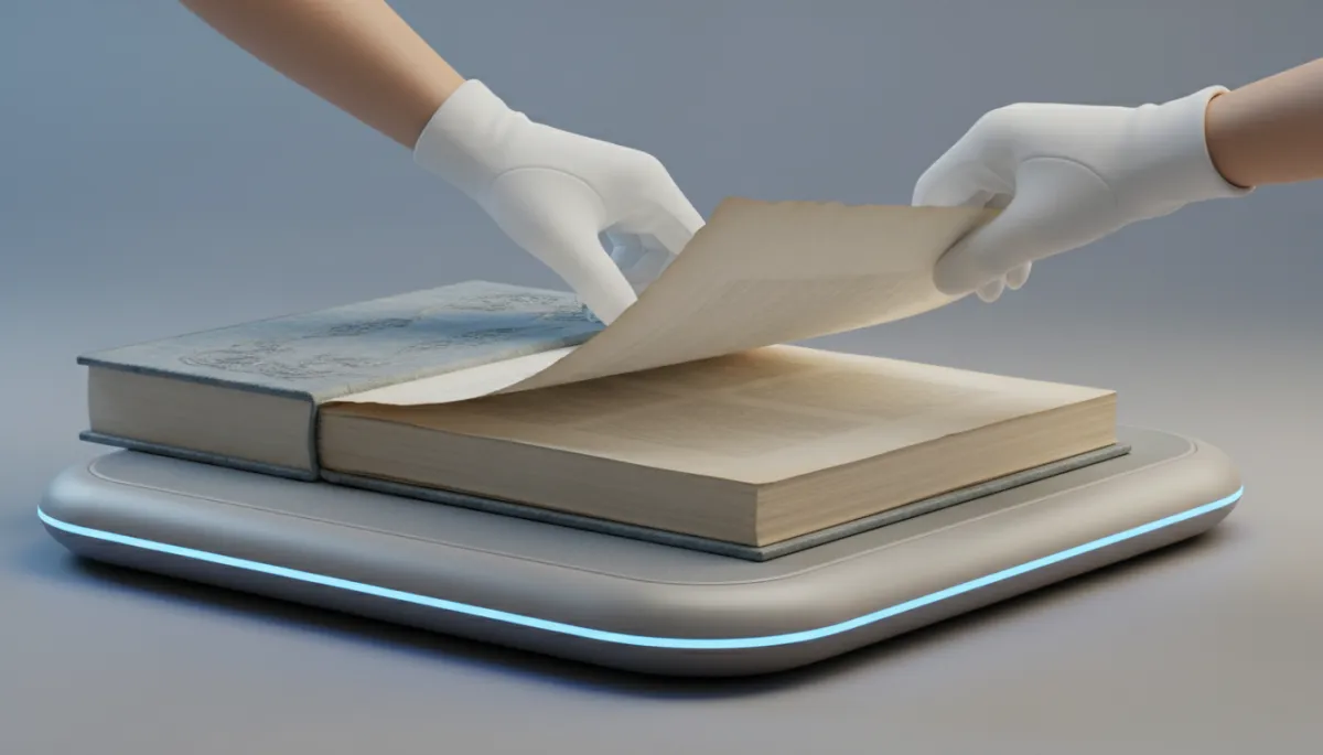 Gloved technician turning a delicate page during non-destructive book scanning Gloved technician turning a delicate page during non-destructive book scanning
