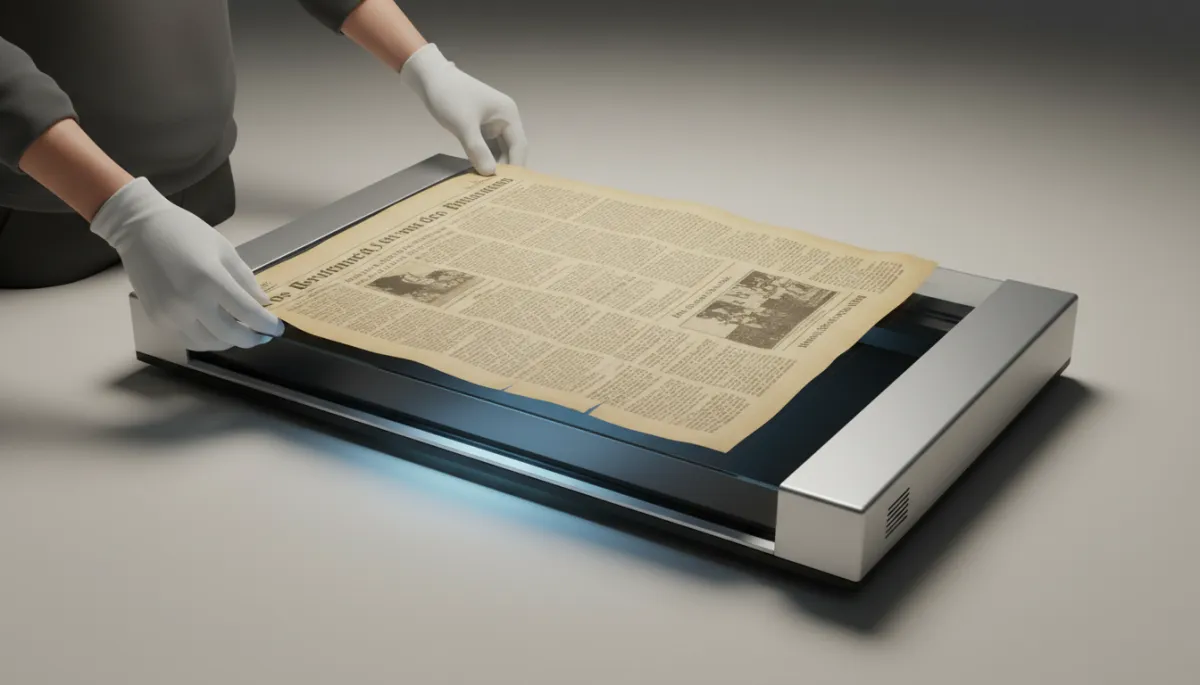 Close-up of a large historical newspaper page being digitized with an overhead scanner Close-up of a large historical newspaper page being digitized with an overhead scanner