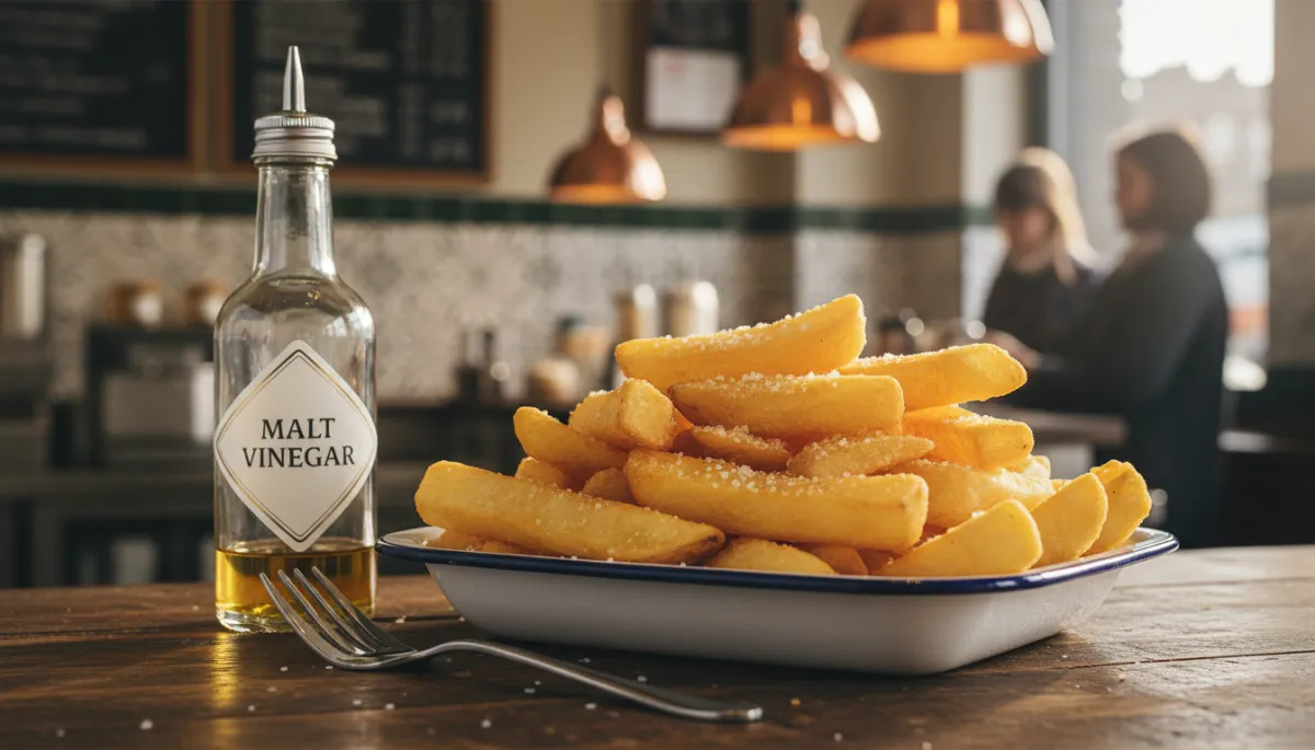 photorealistic close-up of golden battered chips piled high in a white enamel tray, warm lighting, a sprinkle of salt, vinegar bottle and fork nearby on a rustic wooden counter, subtle background hint of a traditional British fish and chip shop interior