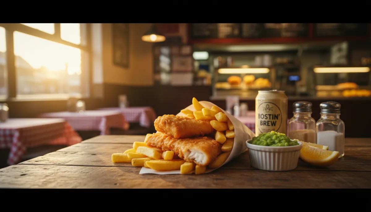 Warm photorealistic scene of a freshly fried cod and chips served in paper on a wooden table, with mushy peas, lemon wedges, salt and vinegar shakers, and a can of pop, cosy Black Country chip shop interior in the background, evening light through the window